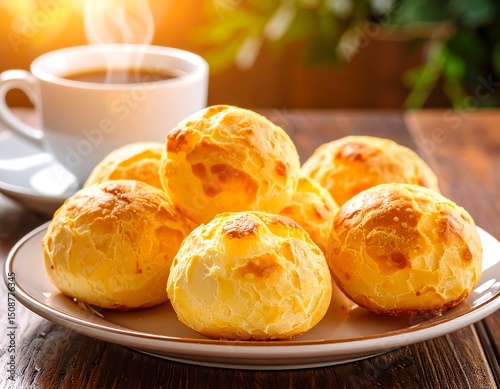 Warm, golden cheese breads on a plate beside a cup of coffee