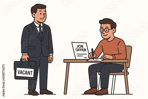 Professional businessman candidate receiving successful job offer from HR manager during employment interview meeting - business hiring vector illustration