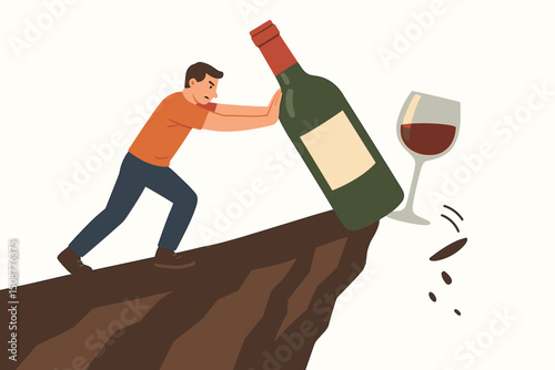 Man struggling to push wine bottle away from cliff edge symbolizing breaking free from alcohol addiction and recovery journey to sobriety