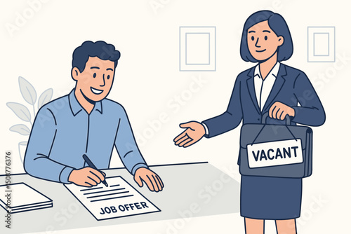 Professional businesswoman offering job position with handshake to male candidate in modern office setting - successful hiring process vector illustration