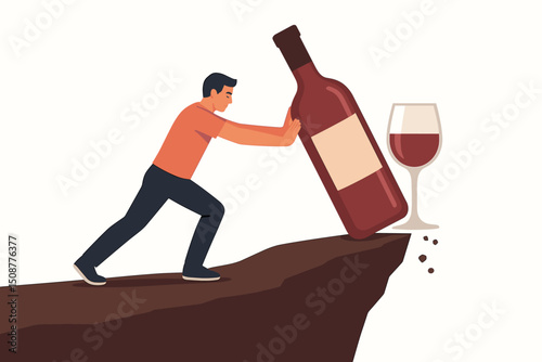 Man Breaking Free from Alcohol Addiction Vector Illustration - Person Pushing Wine Bottle Off Cliff Edge Symbolizing Recovery and Sobriety Concept