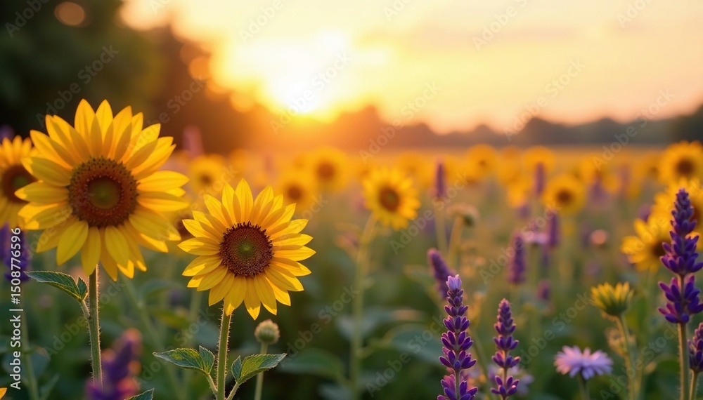 Fototapeta premium Sunflowers, daisies, lavender in vibrant summer field Golden hour light , meadow, plant, purple