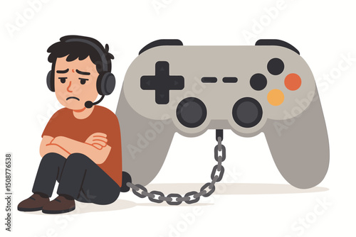 Sad frustrated young male gamer wearing headset chained to giant video game controller representing gaming addiction dependency concept flat vector illustration