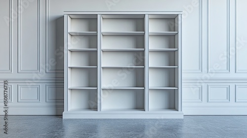 White built-in bookshelf with four shelves, classic storage furniture