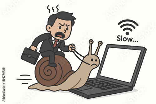 Frustrated businessman riding slow snail with laptop experiencing poor WiFi internet connection speed problems technology metaphor vector illustration