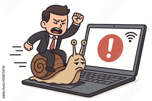 Frustrated businessman riding snail on laptop computer metaphor for slow internet connection speed and poor network performance technology problems