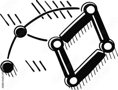 Abstract black and white mechanical linkage system vector illustration for engineering and technology concepts