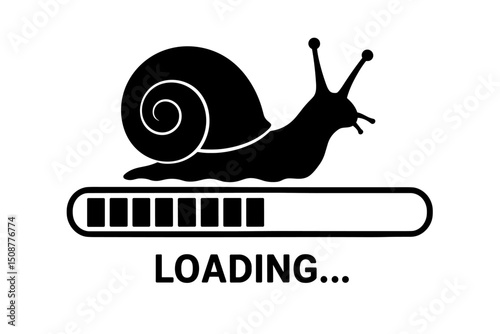 Slow snail on loading progress bar - humorous internet speed metaphor vector illustration for buffering delay and technology performance concepts