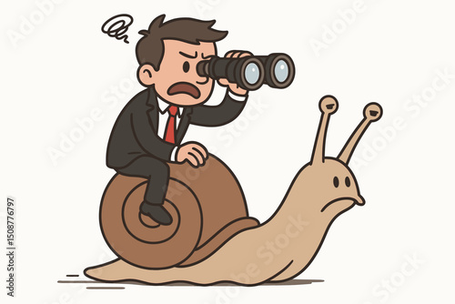 Impatient businessman on snail holding binoculars symbolizing slow business progress, delayed growth, and corporate frustration cartoon vector