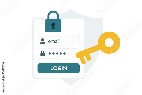 Secure Login Interface Vector Illustration with Golden Key and Padlock Authentication Form Email Password Field Web Security UI Design Element