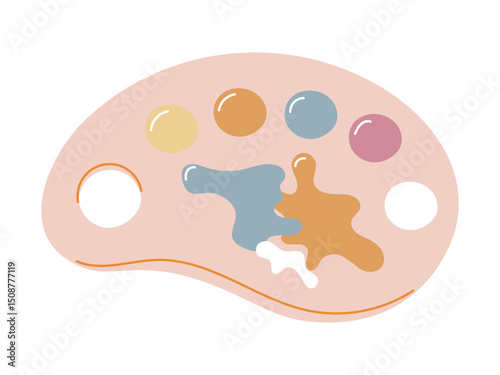 Vector Illustration of Cute Artist Palette with Colorful Paint Splatters in Pastel Tones. Flat Design Isolated Art Supply Icon for Creative Projects, Kids Education, or Design Tools.