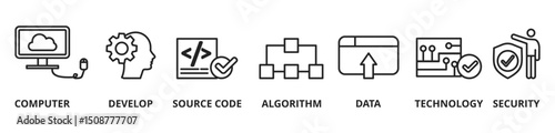 Banner programming and coding background vector illustration with icons and keywords