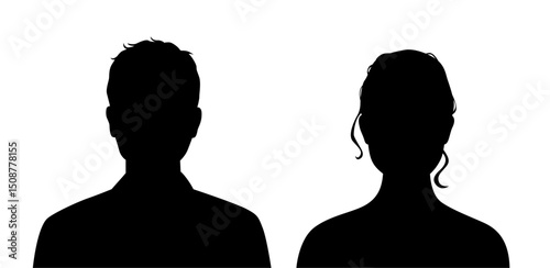 Vector front portrait in black silhouette of a woman and man, avatar illustration 