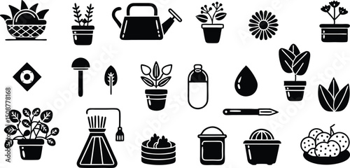 Set of 20 black silhouette gardening and plant care vector icons for nature and hobby designs