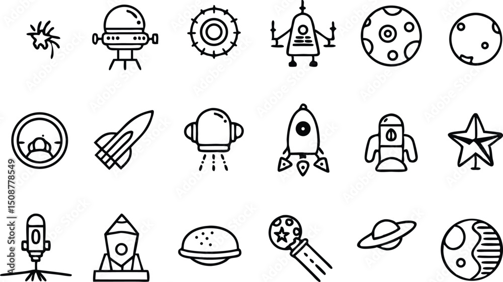 Fototapeta premium Set of 18 Black Outline Space and Astronomy Icons Vector for Science and Exploration Designs