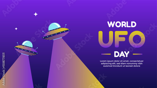 World UFO Day greetings template on gradient purple background with two flying UFOs. World UFO Day background illustration