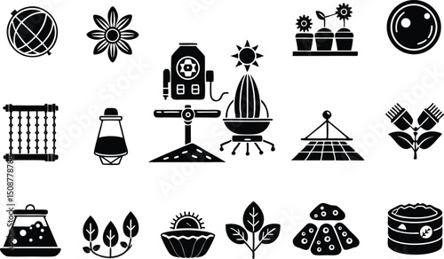 Set of 15 black and white flat design agriculture and gardening icons vector for farming and nature projects