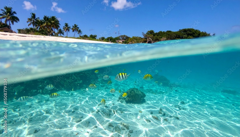 Fototapeta premium Underwater View of Colorful Fish and Coral Near Tropical Beach
