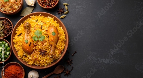 Chicken Biryani Dish Displaying Rich Spices and Colorful Garnish Arrangement