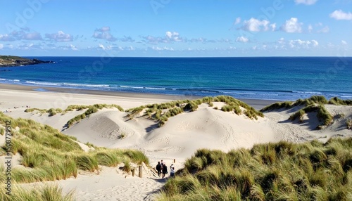 Tranquil Beach Scene with Dunes and Waves Under Blue Sky