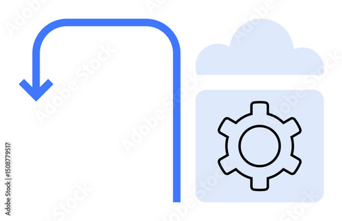 Minimal cloud shape with a cogwheel representing technology and automation. Blue curved arrow for flow. Ideal for cloud storage, automation, integration, innovation, workflow, IT solutions, simple