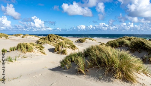 Serene Coastal Landscape with Golden Sand and Lush Green Dunes