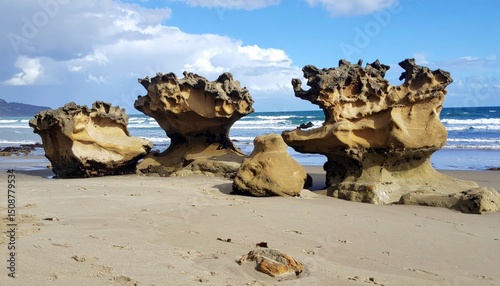 Unique Rock Formations on a Sandy Beach with Blue Sky and Waves