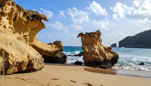 Stunning Coastal Rock Formations with Blue Ocean Waves and Sand