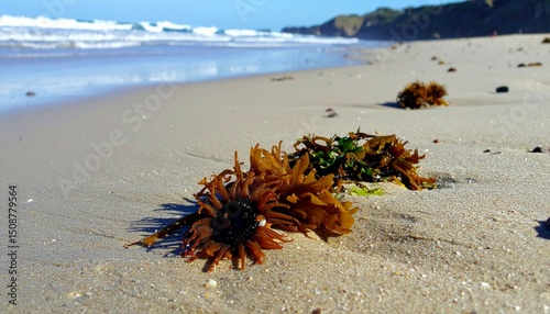 Colorful Seaweeds on Sandy Beach with Ocean Waves in Background