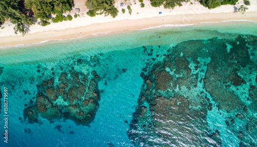 Aerial View of Tropical Beach with Clear Blue Water and Coral Reefs