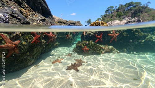 Underwater Scene with Starfish on Rocks and Sandy Seabed