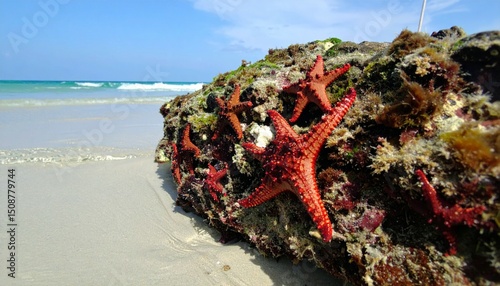 Vibrant Starfish on Rocky Shoreline by the Clear Blue Ocean