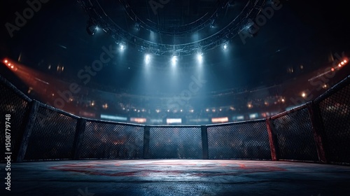 Illuminated by bright spotlights, a professional fighting arena exudes a dramatic atmosphere in the darkness, setting the stage for an intense and thrilling match ahead