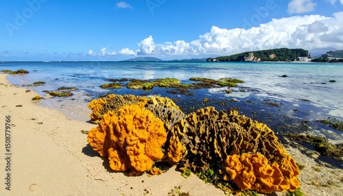 Vibrant Coral Reef on Serene Beach with Clear Blue Water