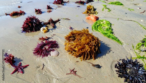 Colorful Seaweeds and Marine Life on Sandy Beach Shoreline
