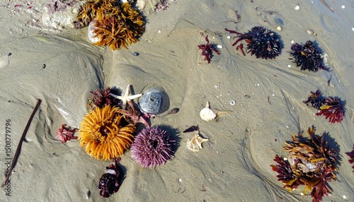 Colorful Seaweeds and Starfish on Sandy Beach Shoreline
