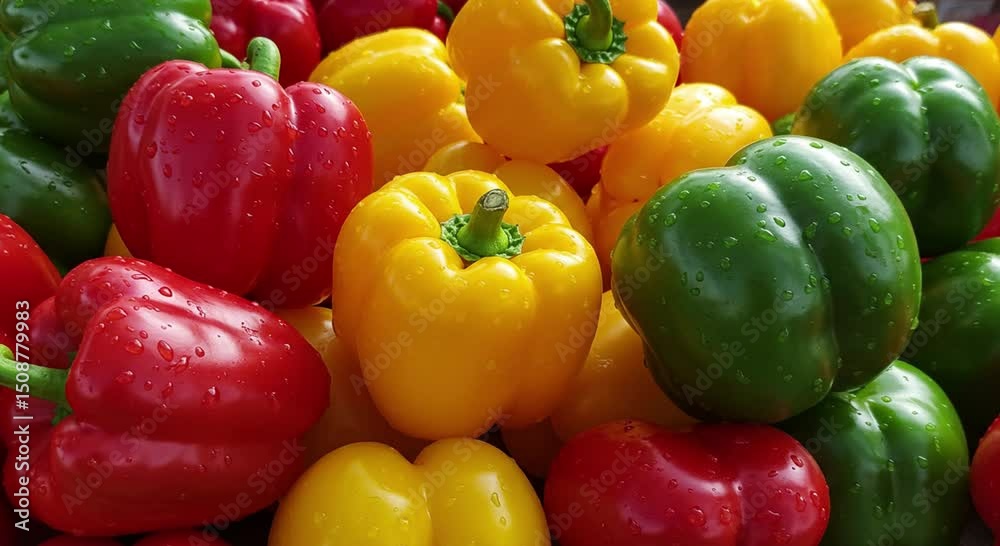 Colorful Bell Peppers: A vibrant mix of red, yellow, and green bell peppers, glistening with freshness, creates a visually appealing display of healthy, flavorful produce.