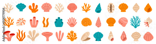 Big collection of marine elements including seashells, corals, seaweed, sponges, and ocean flora. Perfect for underwater, tropical, or beach-themed designs and illustrations