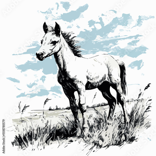 beautiful sketch of the silhouette of a horse with a mane, which stands in a clearing, vector, graphics
