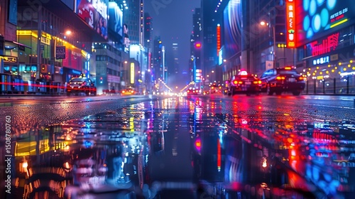The vibrant city night scene, brightly lit skyscrapers and neon lights are reflected on the wet streets. The long exposure shooting presents a cinematic urban atmosphere and super HDR effect.