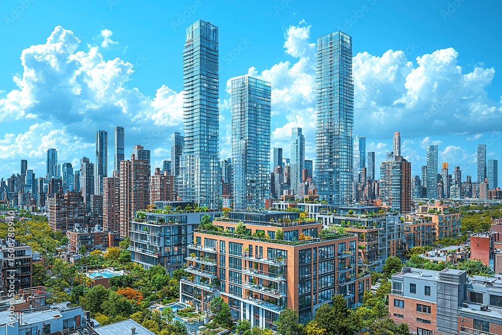 Obraz premium Aerial view of modern metropolis with glossy high rise buildings under clear blue sky and soft clouds showing professional perspective of reflective glass facades and city architecture.