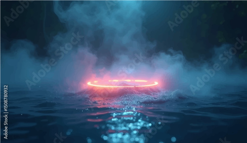 abstract  with magic neon glow from inside and smoke on top. Mystery dark background with spooky white light from underwater and fog. Realistic 3d night vector illustration with flare and steam.
