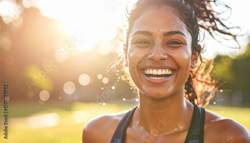 A young woman smiles joyfully outdoors in the sunlight, her skin glistening with sweat after a workout.