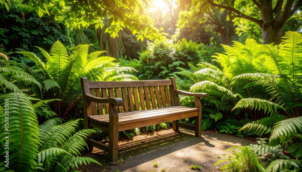 A wooden bench surrounded by lush green ferns and trees, bathed in warm sunlight in a peaceful garden setting. A wooden bench surrounded by lush green ferns and trees, bathed in warm sunlight in a peaceful garden setting.