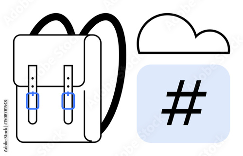 Backpack, cloud, and metadata tag symbol together, suggesting mobility, technology, and online connection. Ideal for education, travel, cloud computing social media digital innovation networking