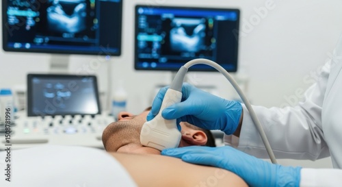 Medical professional performing a neck ultrasound examination on a male patient in a modern clinic.