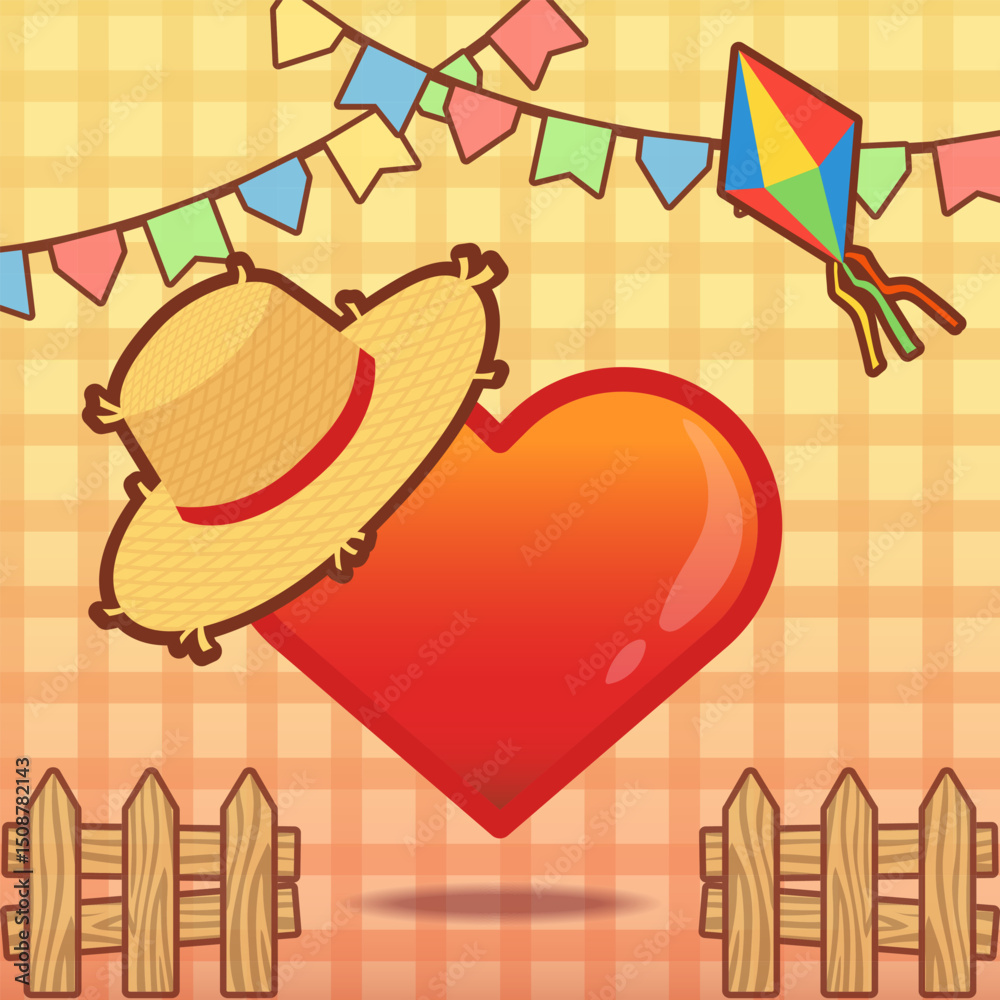 São João, Cute heart. Arraiá, Festa junina. Coração festa junina. Festive heart cartoon vector illustration. Heart with a straw hat,  plaid background, with colorful party flags fences and a balloon. 