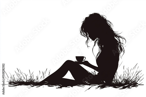 Woman sitting with a cup of tea silhouette