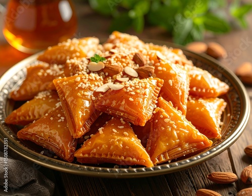 Golden, triangular pastries, glazed and topped with almonds and sesame seeds, arranged on a dark metal plate