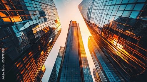 Wallpaper Mural Futuristic city skyline with tall glass skyscrapers shining in the golden hour sun, cinematic wide angle view of hyper-realistic urban architecture metropolis Torontodigital.ca